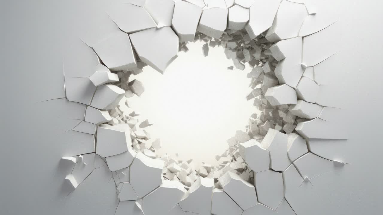 Dynamic video concept with a close-up angle of a 3D shattered wall, revealing a bright light
