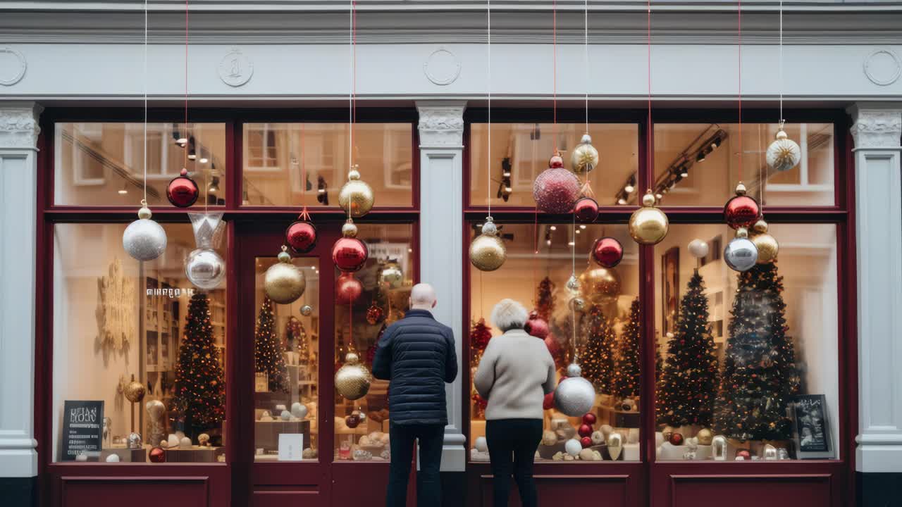 Street-level video angle captures a festive storefront with hanging ornaments and Christmas trees