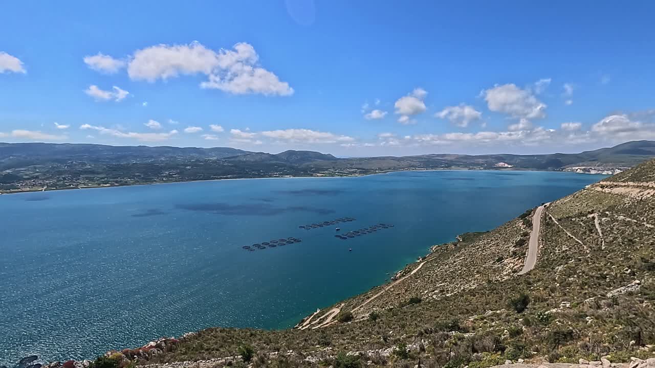 Aerial Drone View of Circular Fish Farms off Kefalonia, Greece