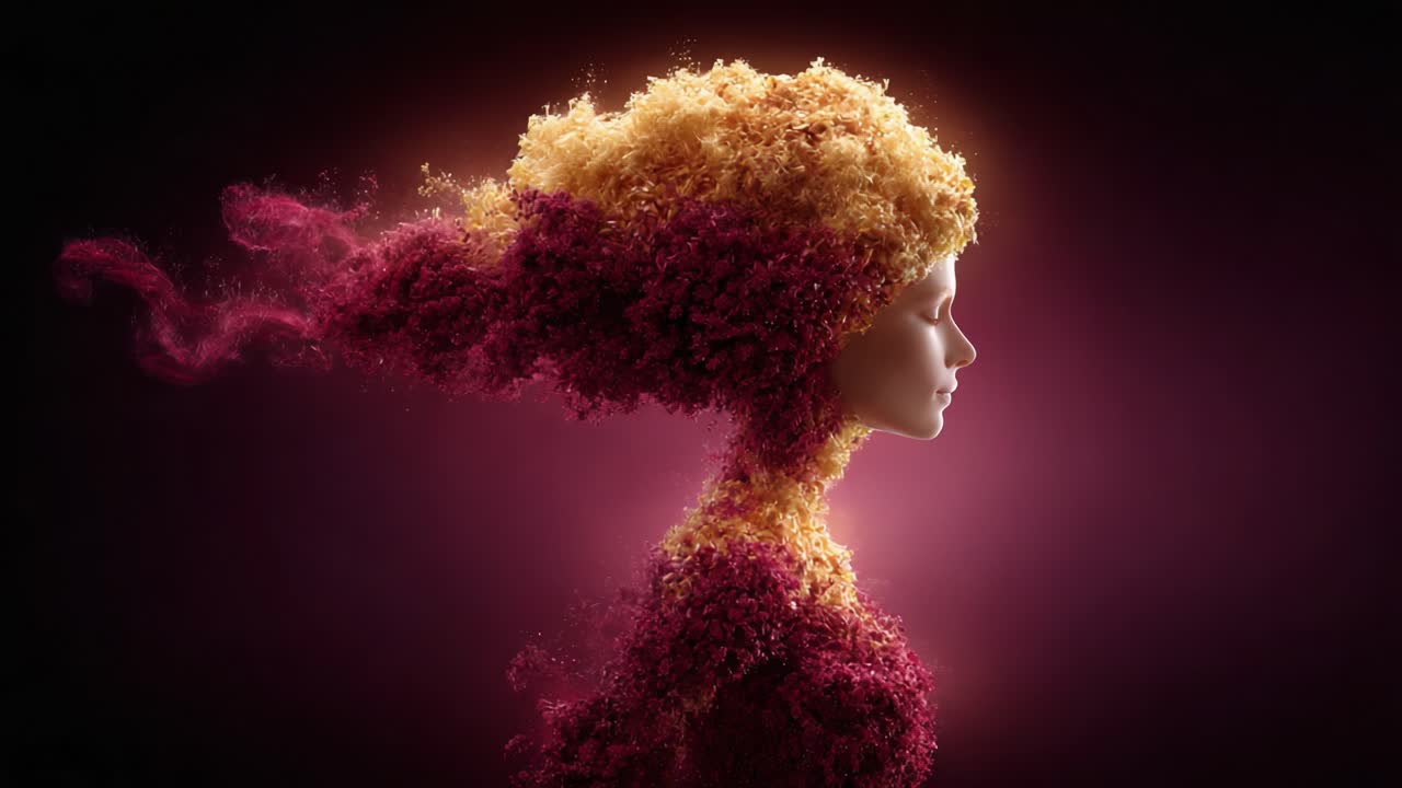 A mesmerizing display of ethereal beauty, showcasing a profile view of a figure with a stunningly vibrant hairstyle made from delicate, colorful floral elements merging seamlessly