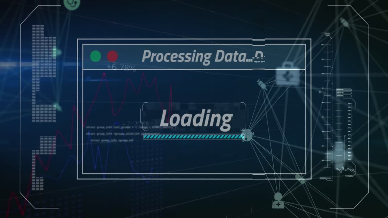 Animation of network of connections with data processing