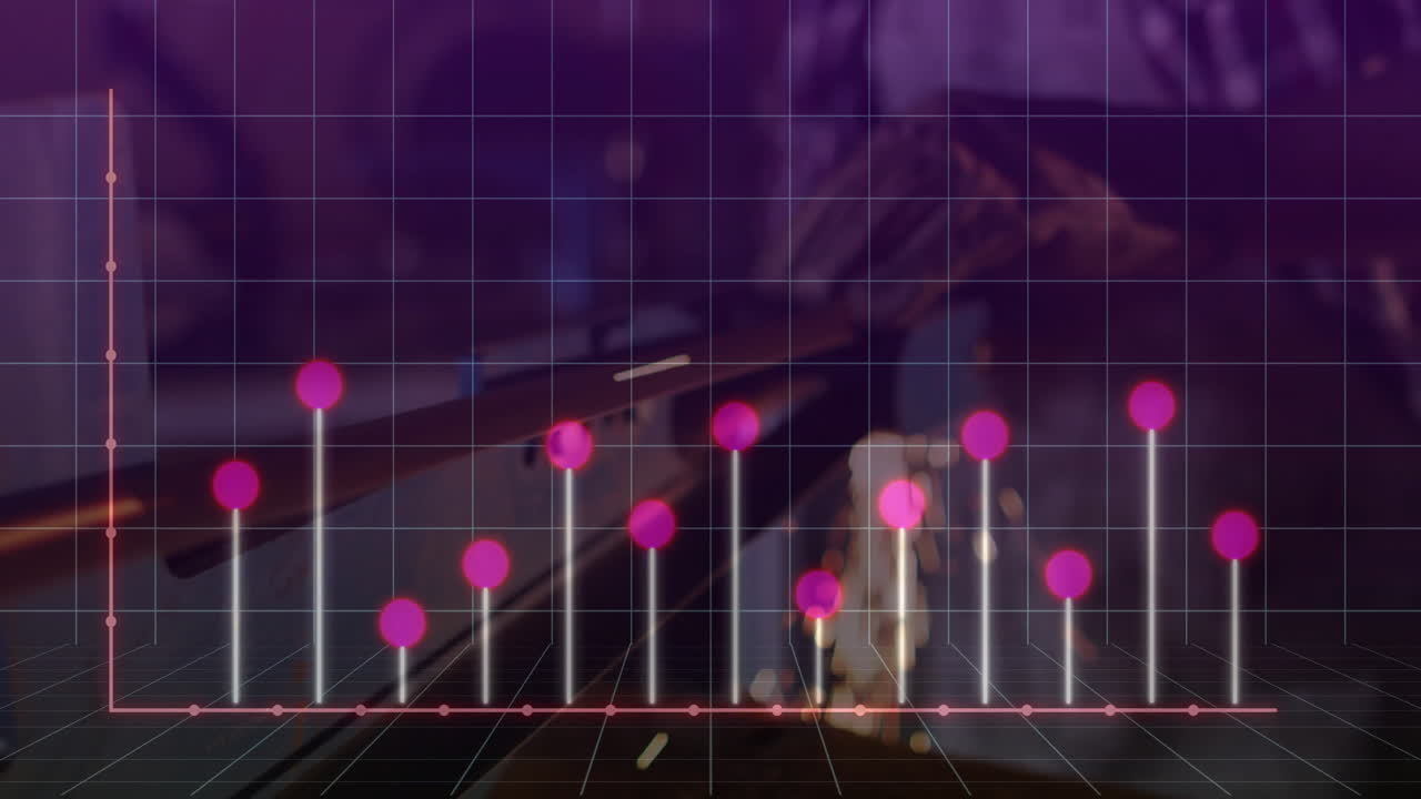 Digital chart floating over industrial workshop background, showing magenta spheres on white bars