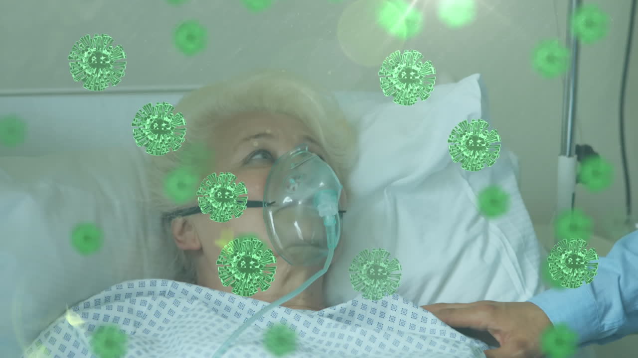 mujer caucásica mayor acostada en una cama en el hospital con células de coronavirus covid19 que se propagan