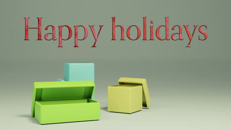 animation of happy holidays text and christmas gift on grey background