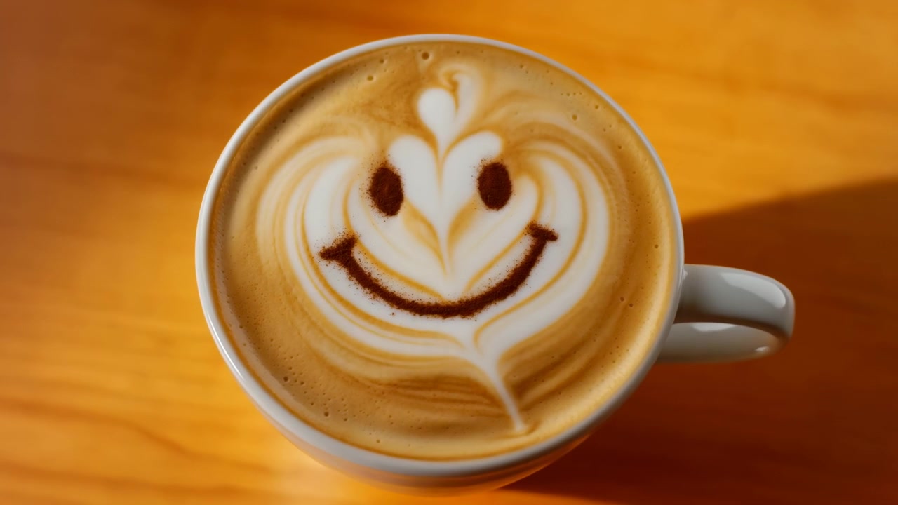 Una vista ravvicinata dall'alto si stringe gradualmente su una tazza di caffè in ceramica bianca, rivelando schiuma di latte a strati modellata a formare un volto allegro con occhi scuri e un sorriso curvo su legno caldo.