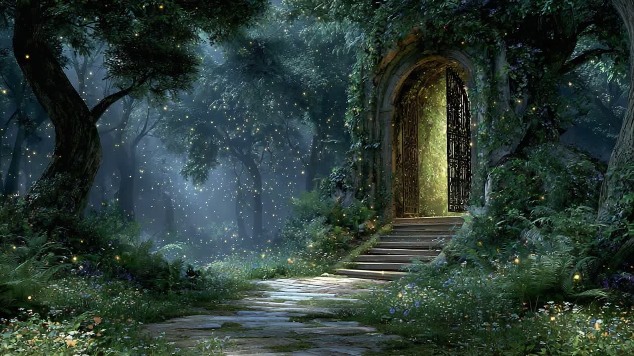 Enchanting Forest Pathway with a Mysterious Open Door Surrounded by Sparkling Lights in a Serene, Magical Environment