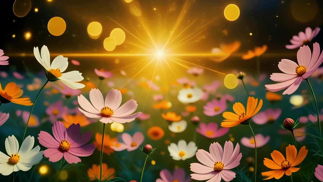 Field of Colorful Cosmos Flowers Under Glowing Golden Sunlight