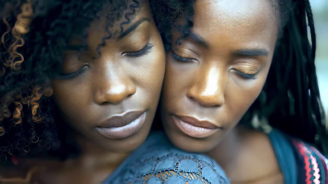 Deeply connected women sharing intimate moment, eyes softly closed, revealing profound emotional bond through gentle facial expressions and serene connection