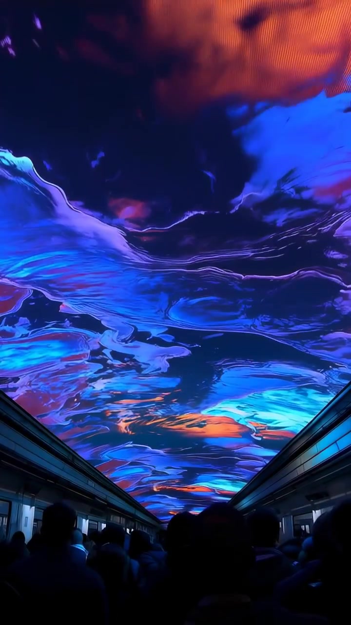 Vertical video: Walking visitors filming LED ceiling shifting in tunnel with coats backpacks phones