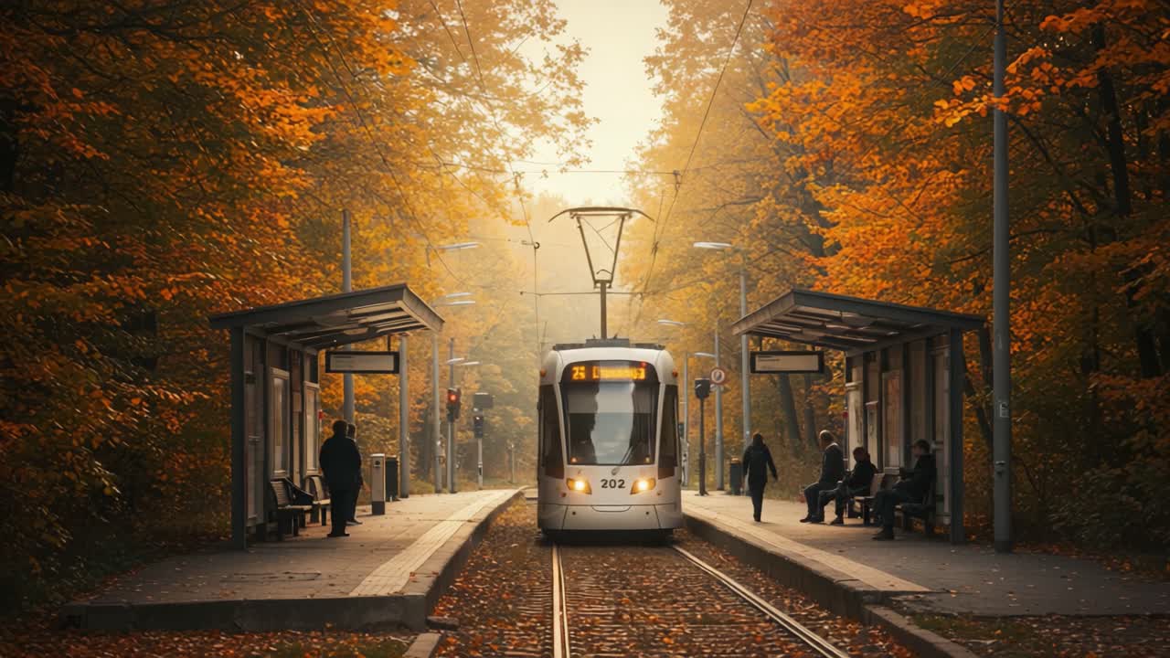 A Beautiful Autumn Scene Depicting a Tram Arriving at a Station Surrounded by Vibrant Fall Foliage and Passengers Waiting at Either End of the Platform