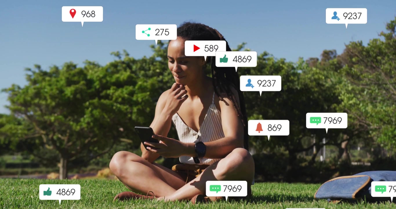Woman tapping smartphone while social notifications rising around her indicating engagement metrics