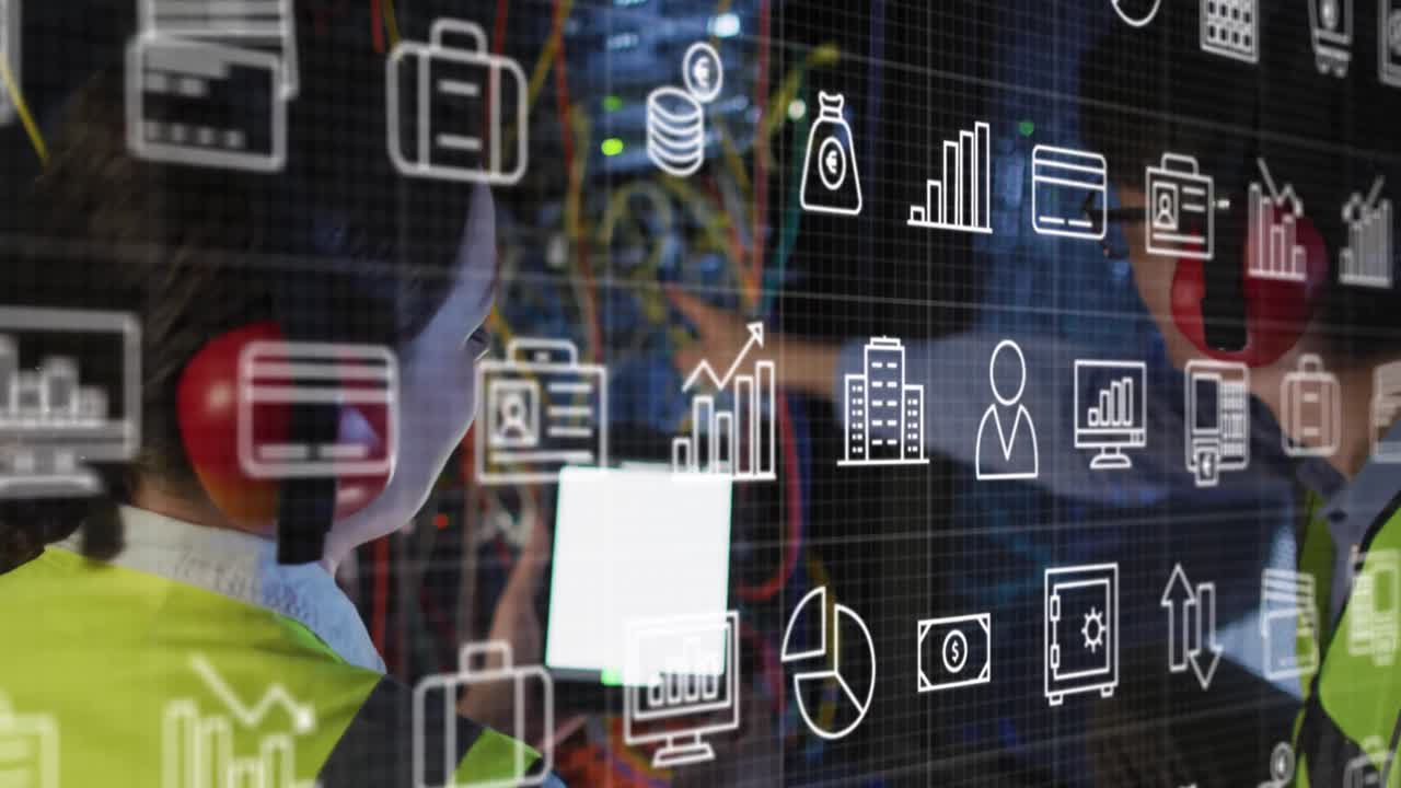 animación de iconos sobre los trabajadores de la sala de servidores caucásicos