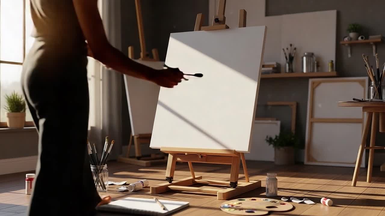 A Serene Art Studio at Sunrise: Creative Inspiration Awaits with an Empty Canvas, Brushes, and Colors Ready to Transform Imagination into Reality