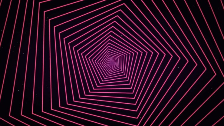 Abstract Tunnel of Glowing Pink Pentagons Moving Through Space