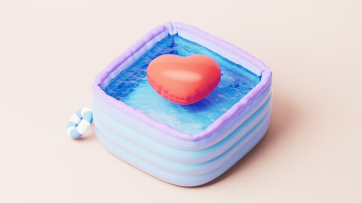 Loop animation of cartoon style swimming pool and love heart, 3d rendering.
