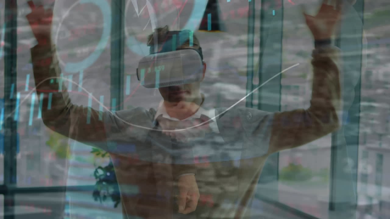 animación del procesamiento de datos sobre un hombre de negocios caucásico usando auriculares vr