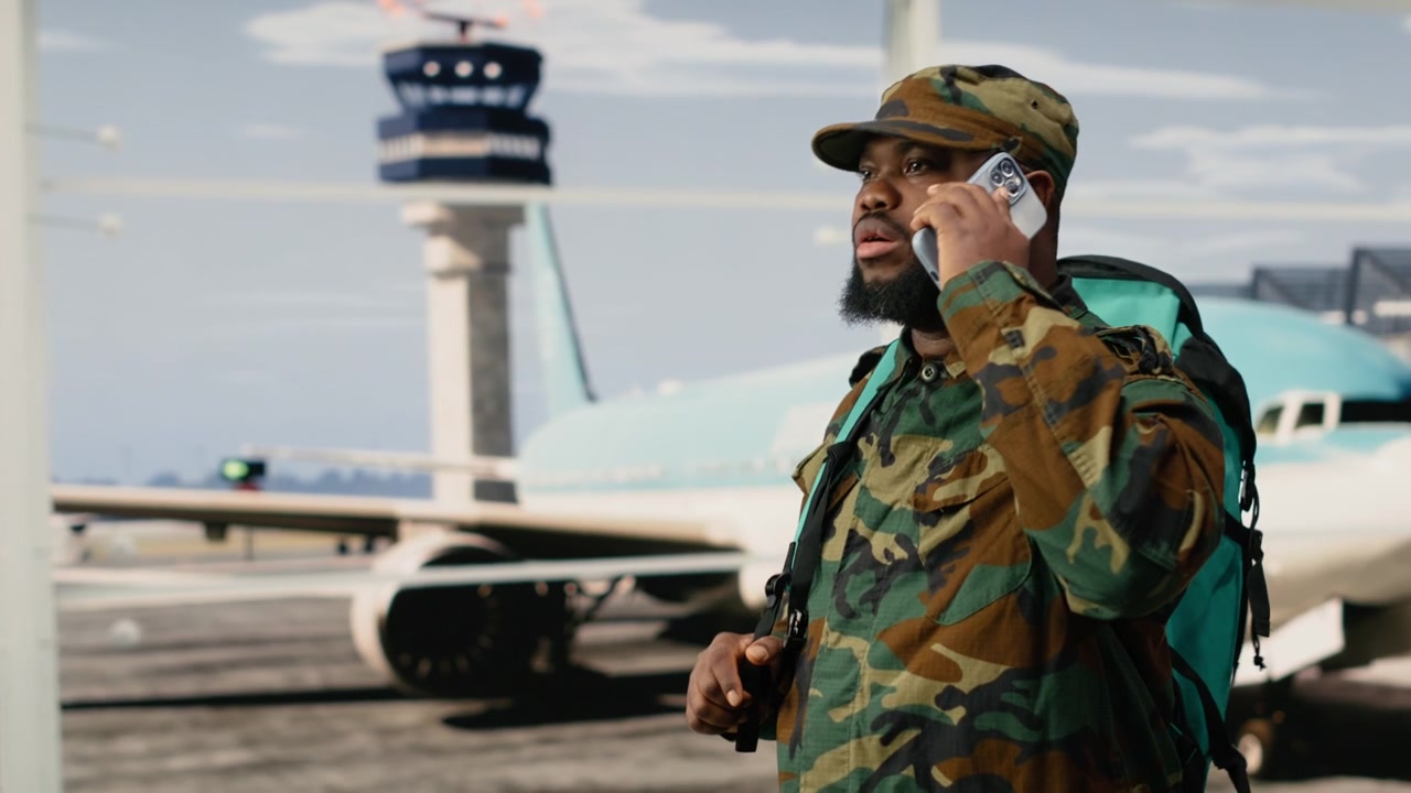 Army soldier in airport having conversation in smartphone telephone call