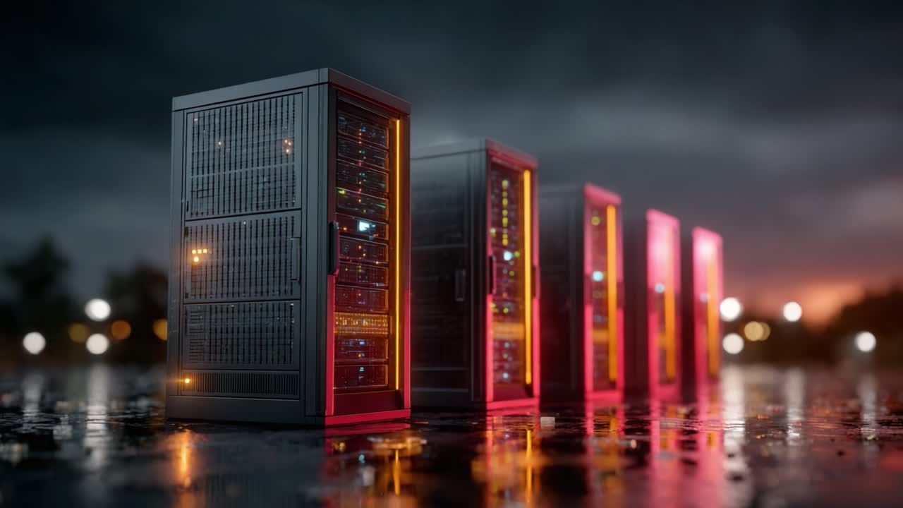 Stunning View of Modern Data Servers Glowing in the Rain, Showcasing Advanced Technology and Infrastructure with a Dramatic Atmospheric Background