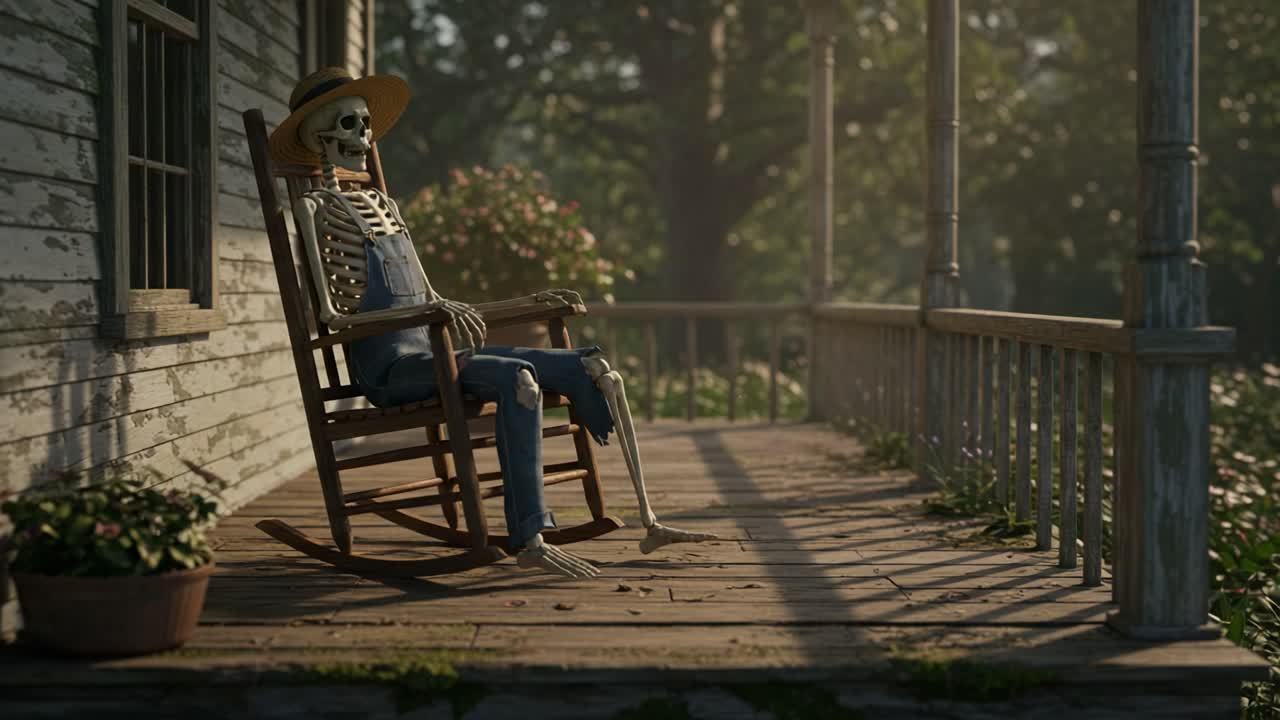 A skeleton in overalls and a straw hat relaxes on a porch rocking chair, enjoying a peaceful moment in nature, surrounded by flowers and greenery under warm sunlight