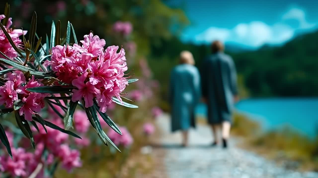 A couple walking down a path next to a body of water