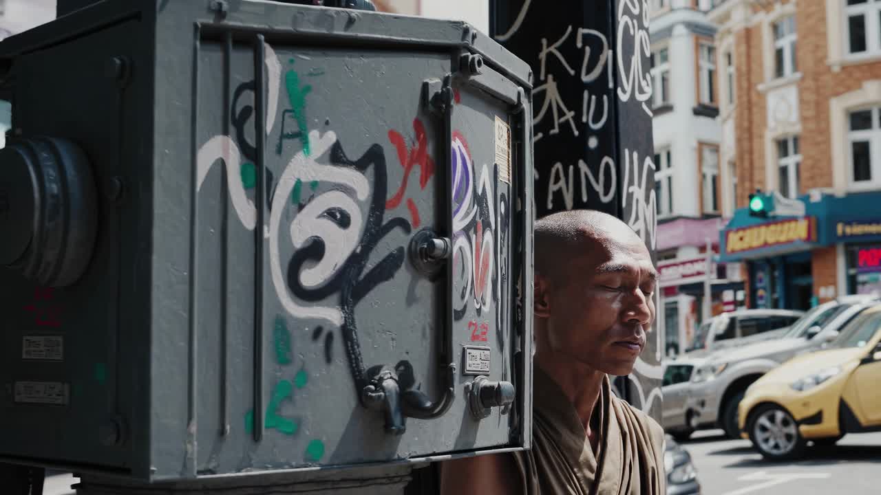 Serene monk in brown robe stands beside a graffiti-covered utility box, eyes closed, embodying tranquility amidst urban hustle, capturing a moment of peaceful reflection in a busy street scene