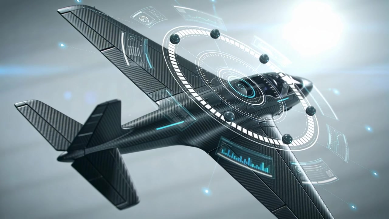 Activating holographic HUD scanning carbon-fiber aircraft model in virtual studio, nodes orbiting