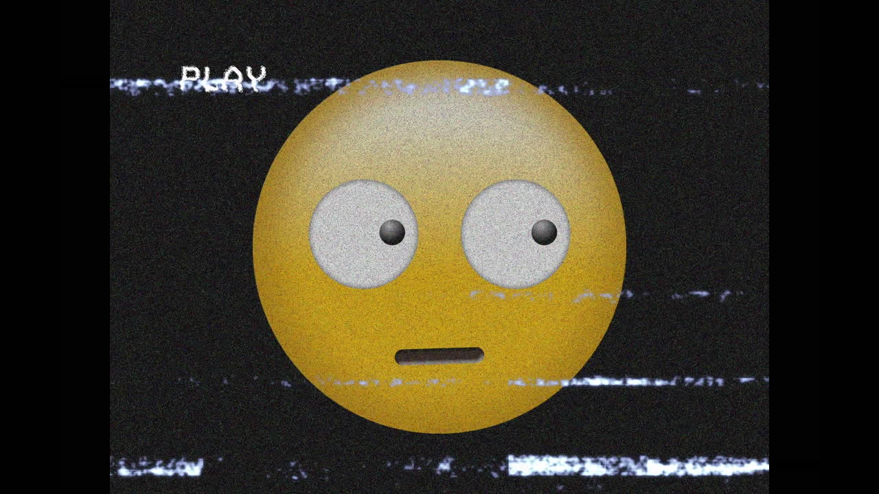 Animation of scared emoji icon over noises on screen on black background