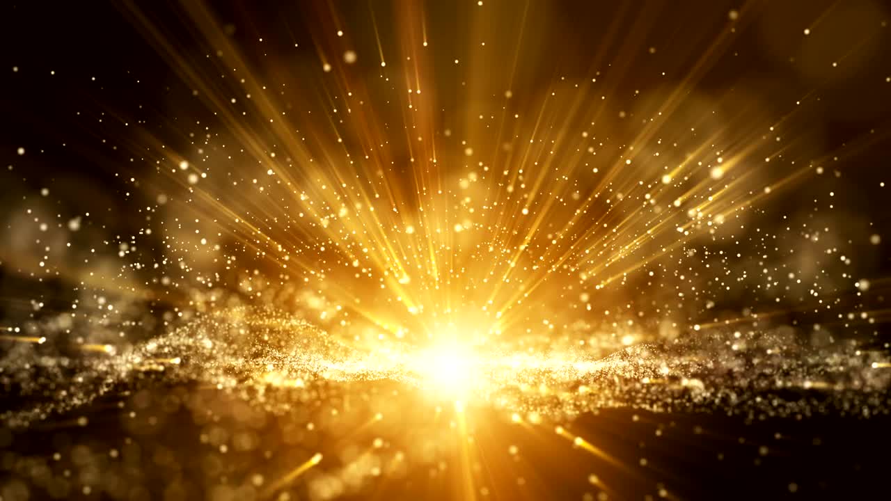 무결한 루프, 어두운 갈색 배경, 입자와 디지털 서명, 반이는 파동, 커튼 및 깊은 깊이의 영역, 입자는 황금색 빛의 선입니다.