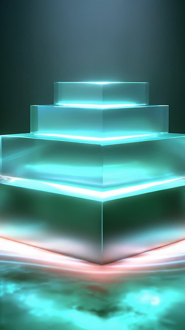 En fascinerende pyramide af gennemsigtigt glas, oplyst af blødt lys, der viser samspillet mellem farver og refleksioner i et fredfyldt, æterisk miljø