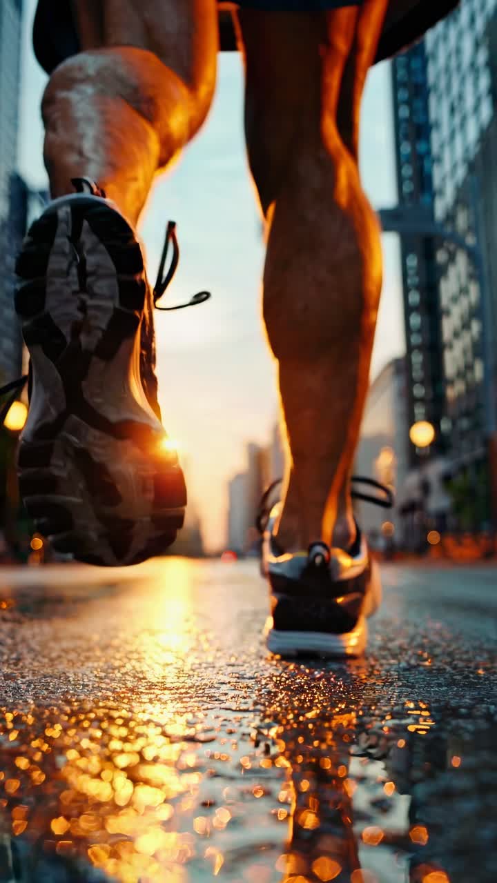 Low-angle shot of a runner's foot on wet pavement at sunrise, capturing motion and energy