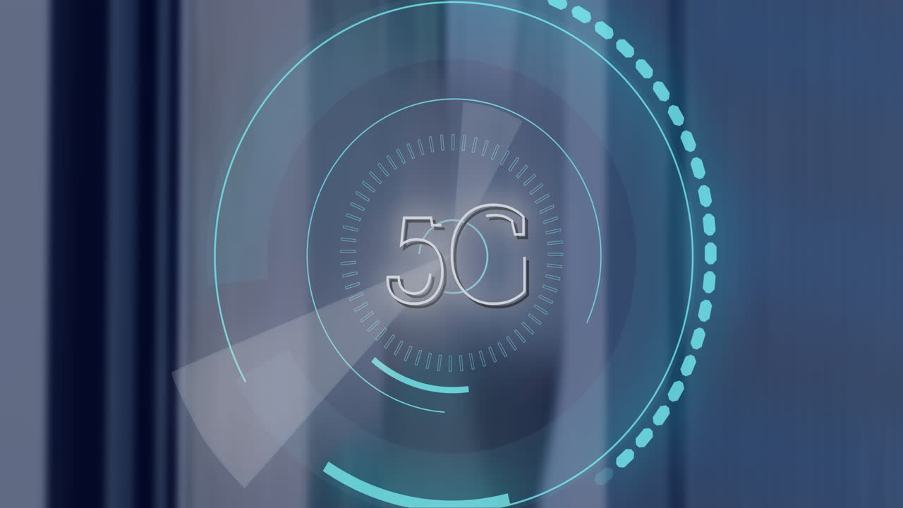 5G technology animation over abstract blue background with circular digital elements