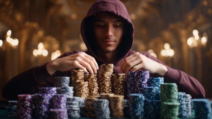 Un giocatore incappucciato e sicuro di sé dispone meticolosamente un'enorme pila di fiches da poker dai colori vivaci in un opulento ambiente di casinò, mostrando un'atmosfera ad alto rischio