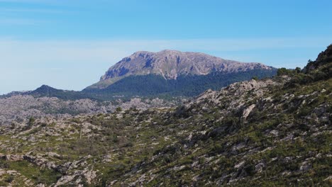 Aerial-View-Of-Rocky-Tree-Covered-Cliffs-At-Mallorca,-Spain