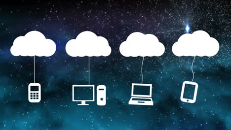 animation of clouds with electronic devices over glowing stars on blue background