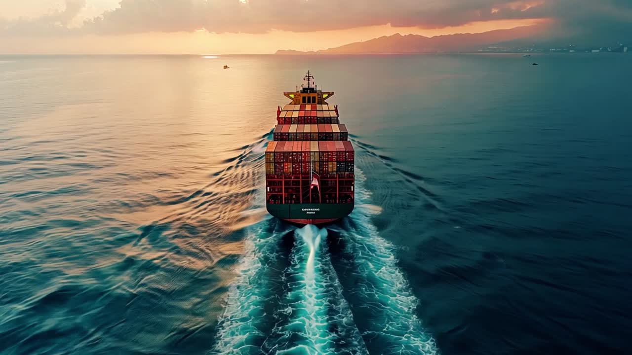 Container Ship Sailing on the Open Ocean at Sunset