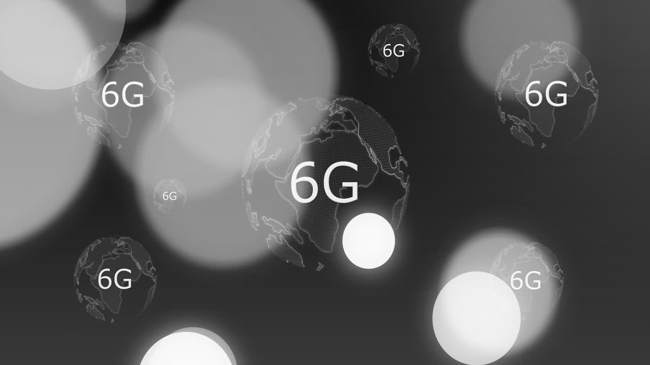6G technology text over digital globe animation with glowing circles