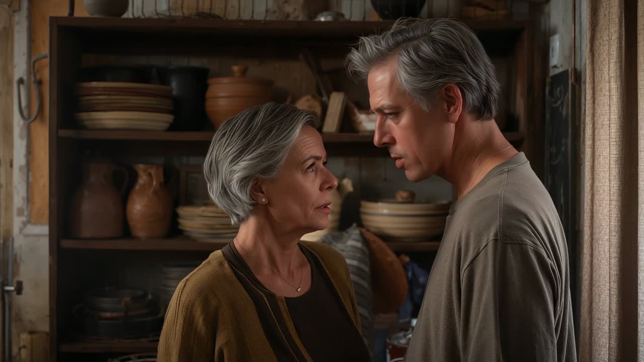 Coppia anziana che si china, reagendo alla tensione, mantenendo lo sguardo in una cucina rustica con scaffali in ceramica.