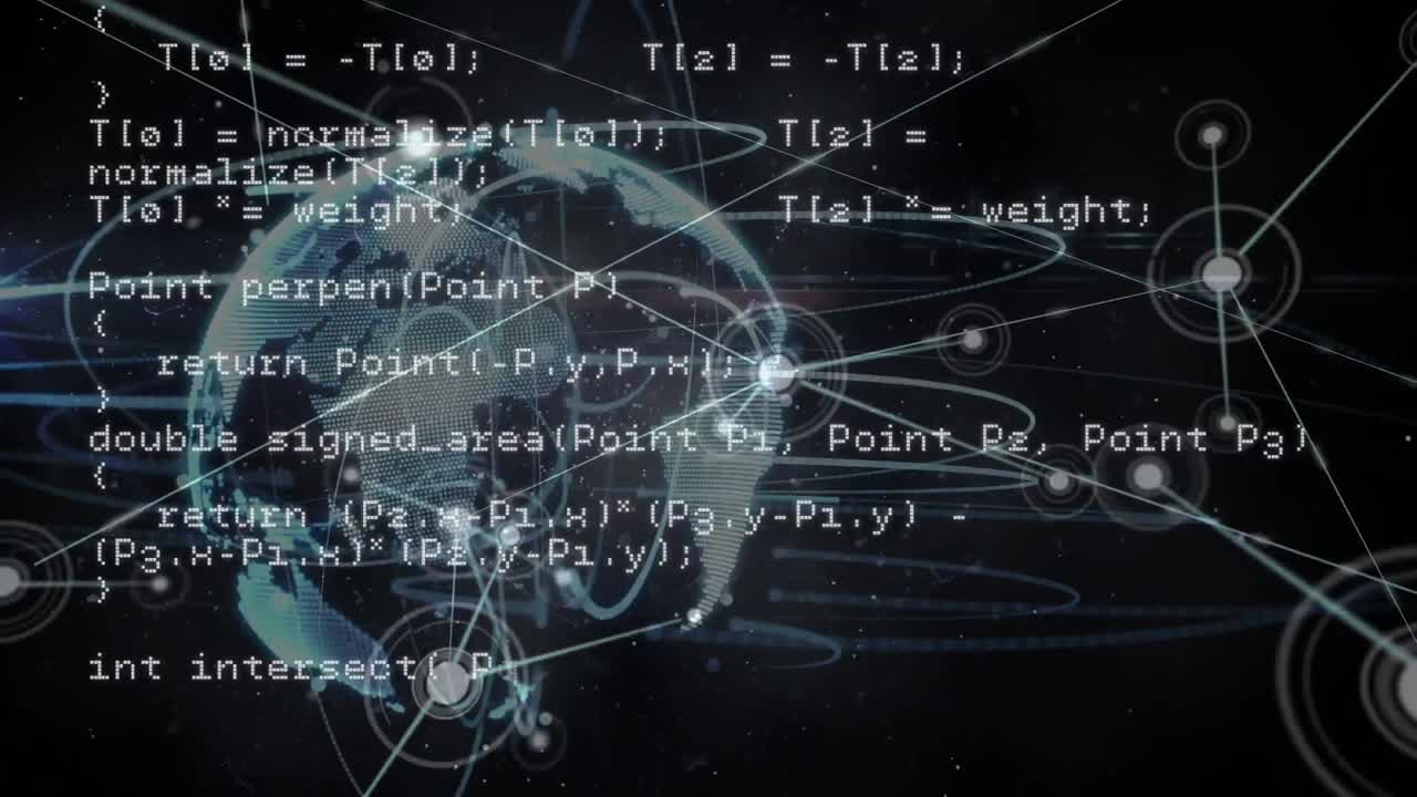 Animation of globe, data processing and network of connections