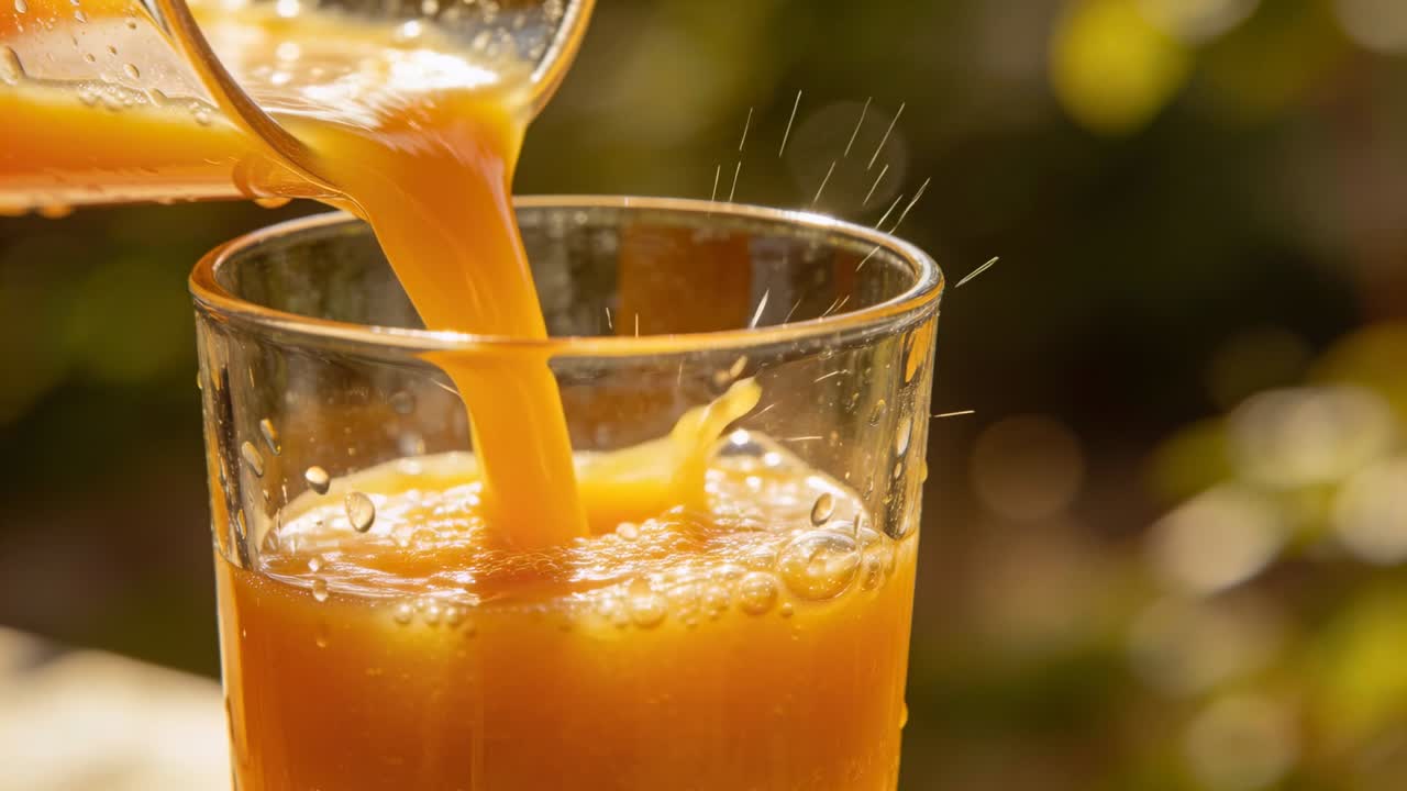 Klarer Krug kippt, gießt Orangensaft in ein Glas für Getränkemarketing, wobei Bläschen hervorgehoben werden