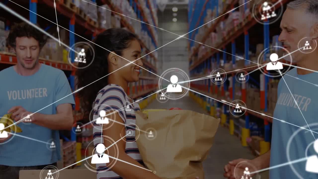 animación de la red de conexiones con iconos sobre diversos voluntarios en el almacén
