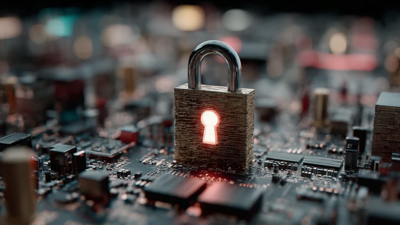 A Close-Up View of a Digital Lock on a Circuit Board, Symbolizing Security and Data Protection in the Age of Technology and Cybersecurity Advances