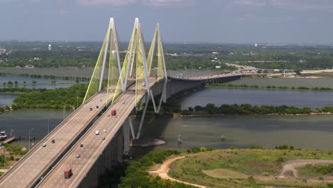 establishing shot of the fred hartman bridge in baytown texas