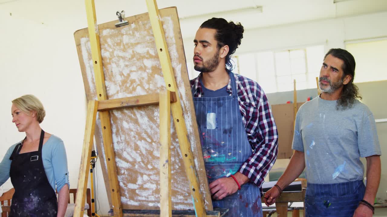 Drawing teacher assisting man in drawing 4k