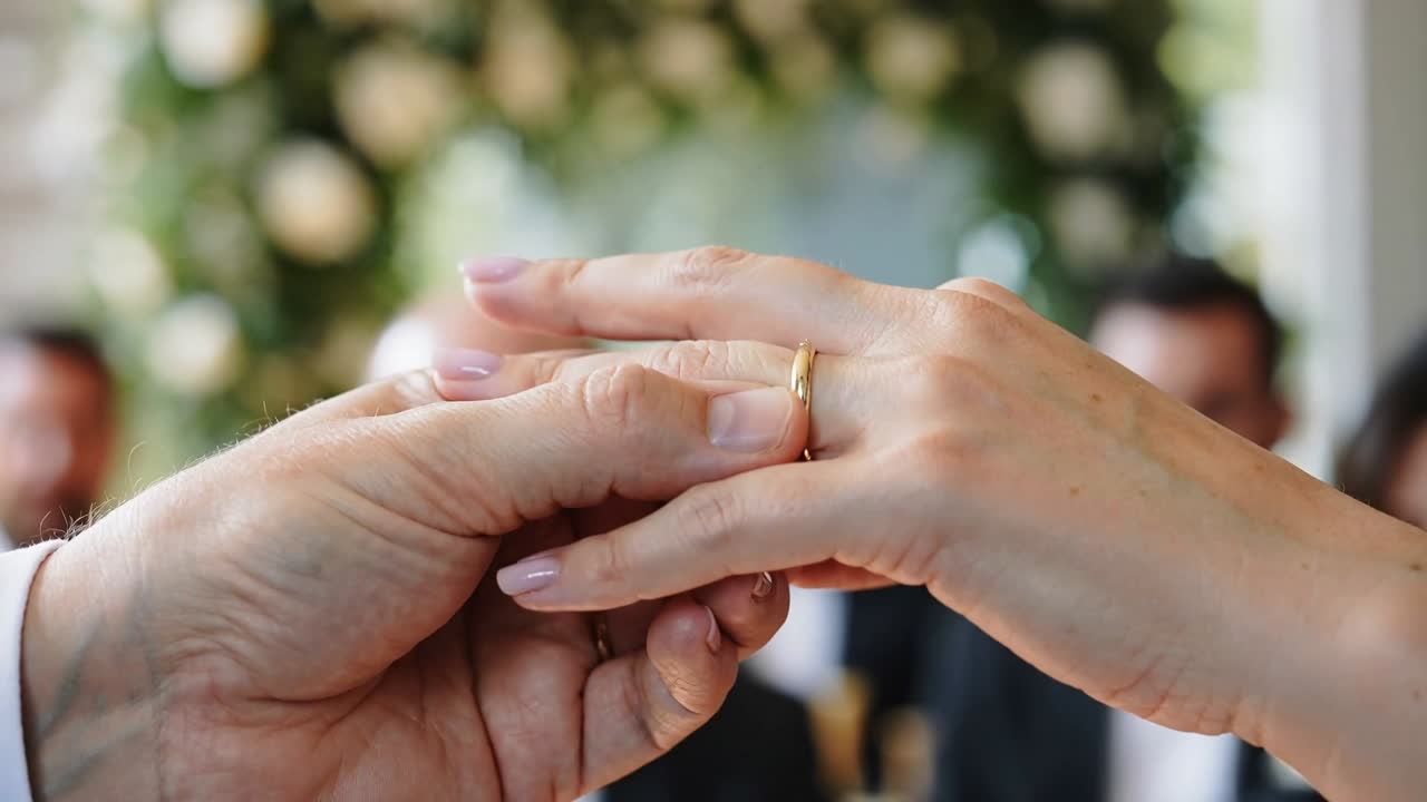 Sliding suit-sleeved giver hand guiding gold band onto manicured left hand after vows, floral arch