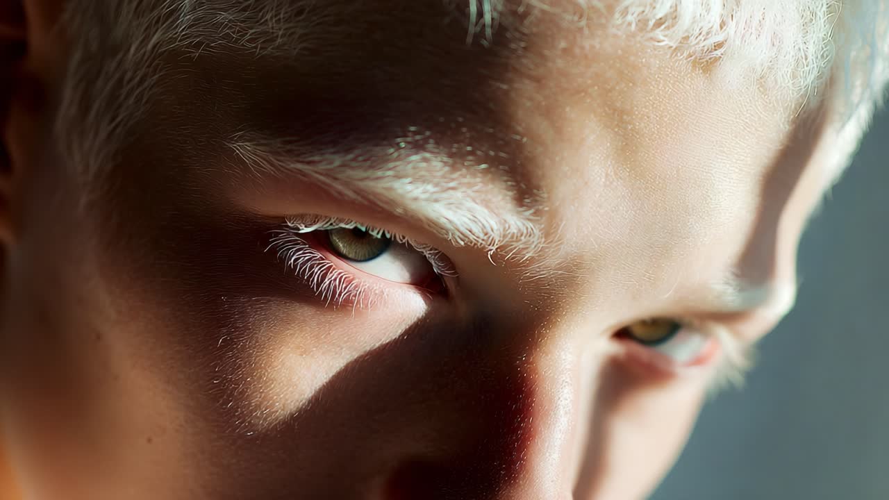 Close-up of an individual with striking light-colored eyes and platinum blonde hair, showcasing intricate details of facial features and expression in natural light