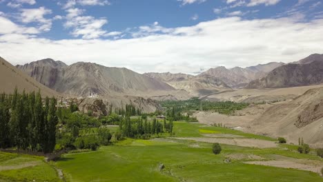 pueblo de granja verde vivo frente a los magníficos picos del himalaya en ladakh, india