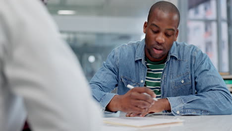 Black-man,-patient-and-writing-in-life-insurance