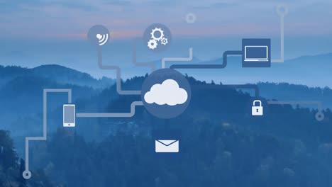 animation of technology icons over landscape