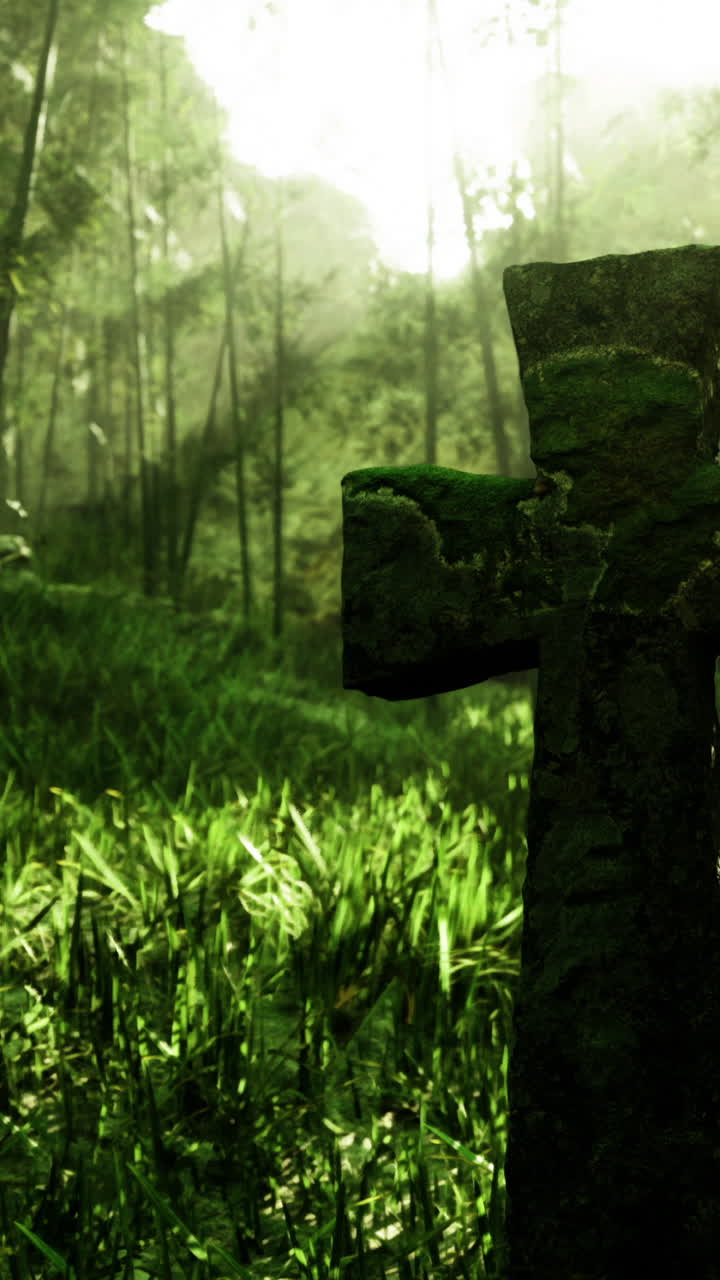 Ancient stone cross in lush green forest during golden hour light