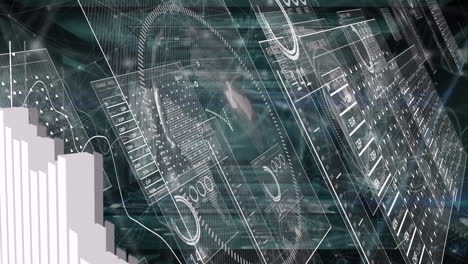 Animation of data processing and network of connections on black background